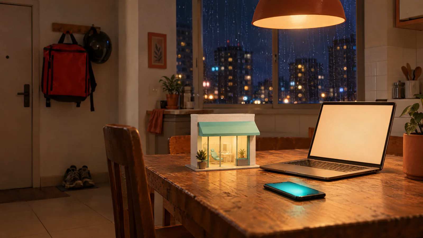 A bag de entrega e o capacete pendurados na porta numa noite de chuva e, na mesa, o notebook ao lado da maquete de uma clínica.