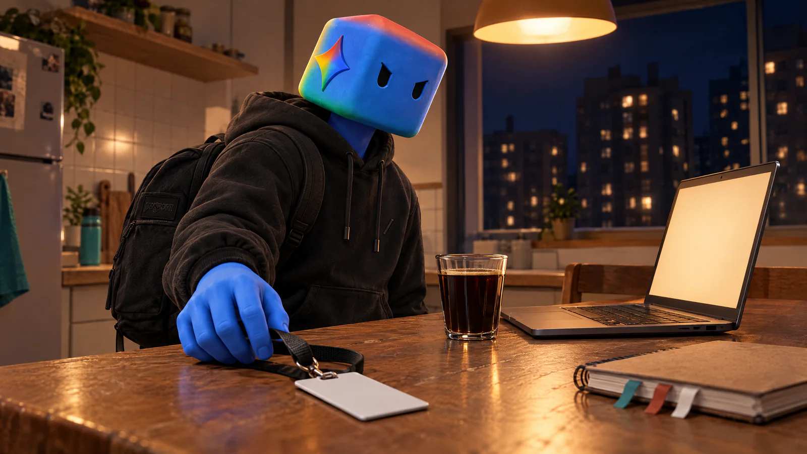 Às 21h, a mão do personagem do Gemini larga o crachá do trabalho na mesa da cozinha, ao lado do notebook já aberto.