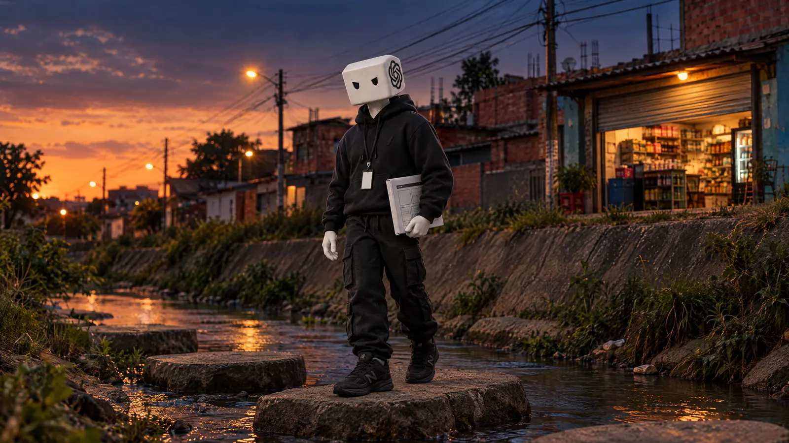O personagem do ChatGPT atravessa um córrego pelas pedras, de crachá no pescoço e um site impresso debaixo do braço, rumo a uma lojinha.
