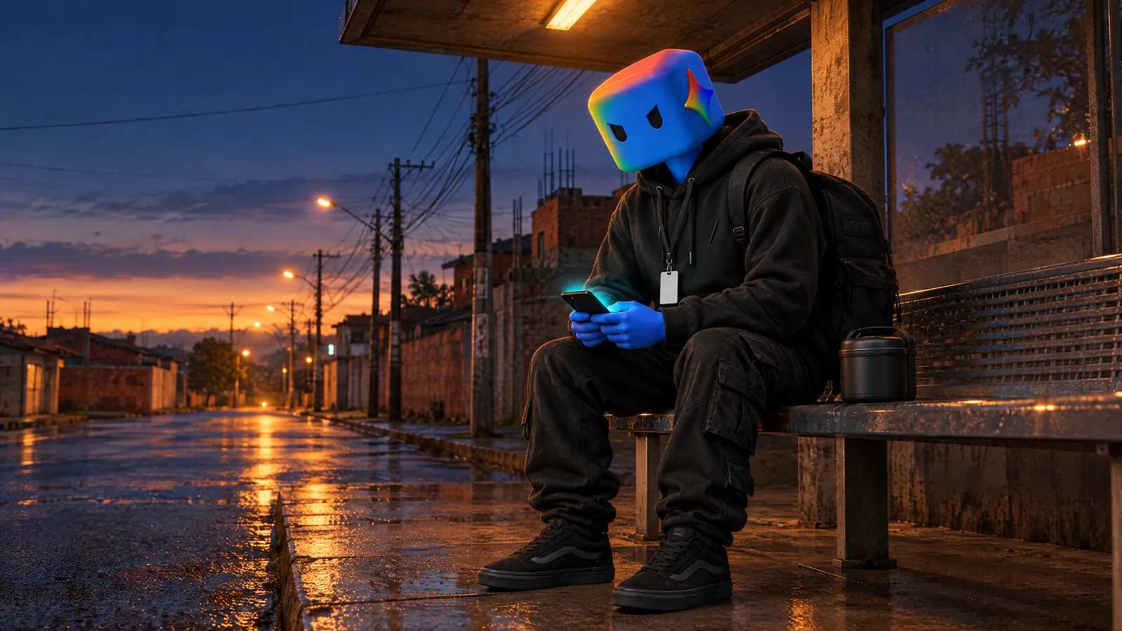 Às 5h40, no ponto de ônibus, o personagem do Gemini, de crachá e marmita, olha o celular, que acende verde-água.