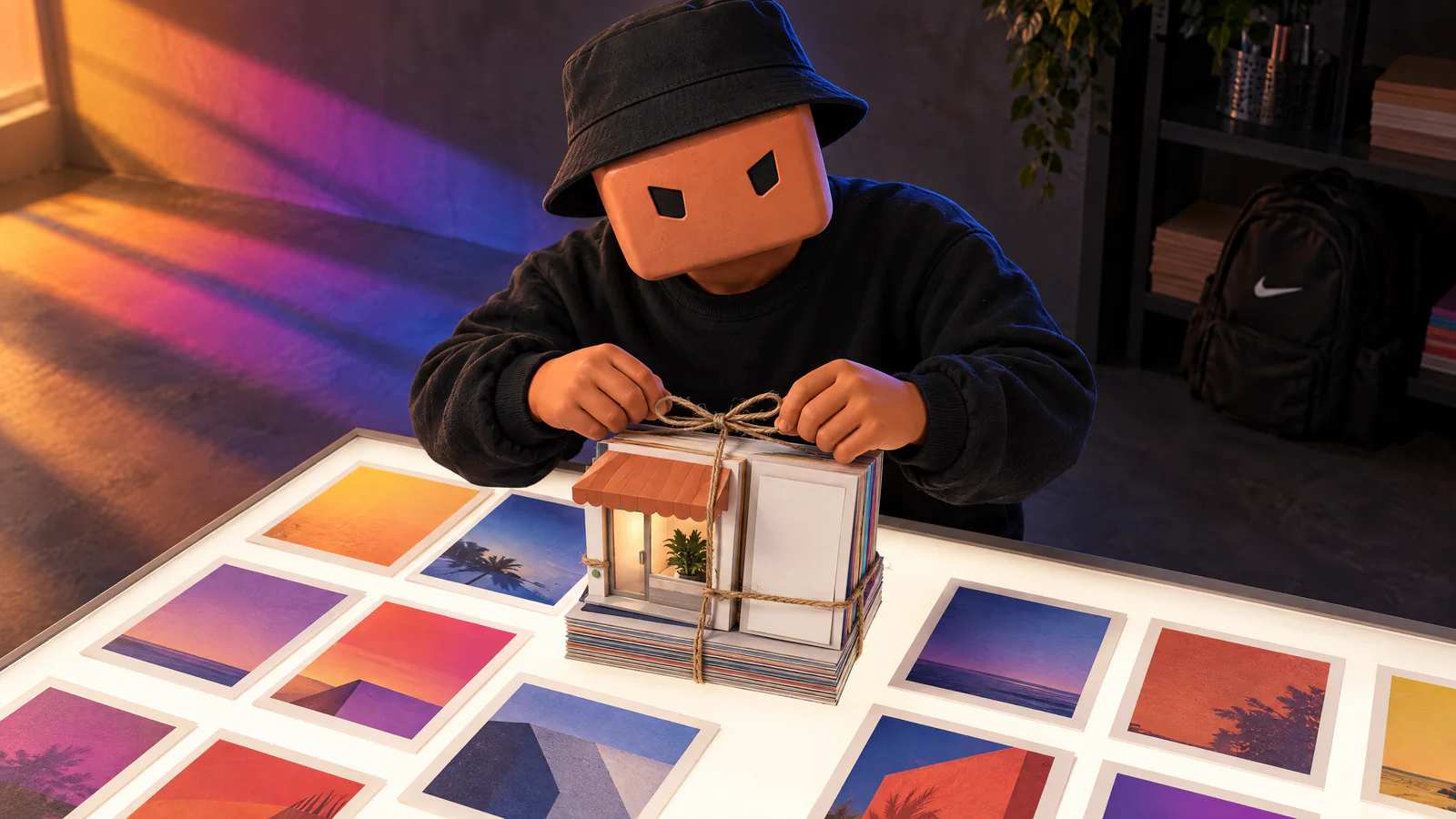 Na mesa de luz cheia de cards, o Claudinho de chapéu bucket amarra com barbante os cards do carrossel, a lojinha de papel e o painel do anúncio.