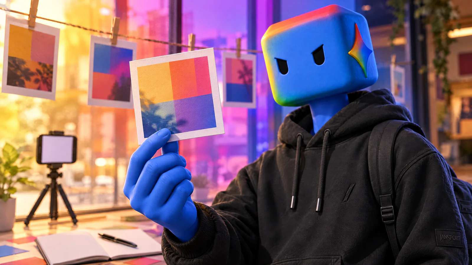 A mão azul do personagem do Gemini segura um post quadrado contra a vitrine colorida, com uma agenda vazia ao fundo.