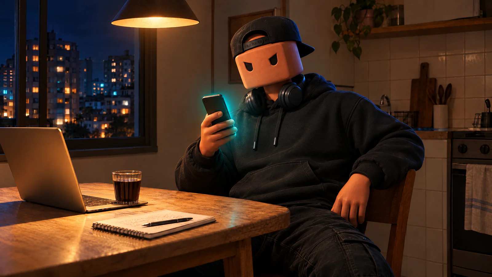 Na cozinha à noite, o Claudinho olha o celular que acabou de acender, ao lado do notebook, de um caderno e de um copo de café.