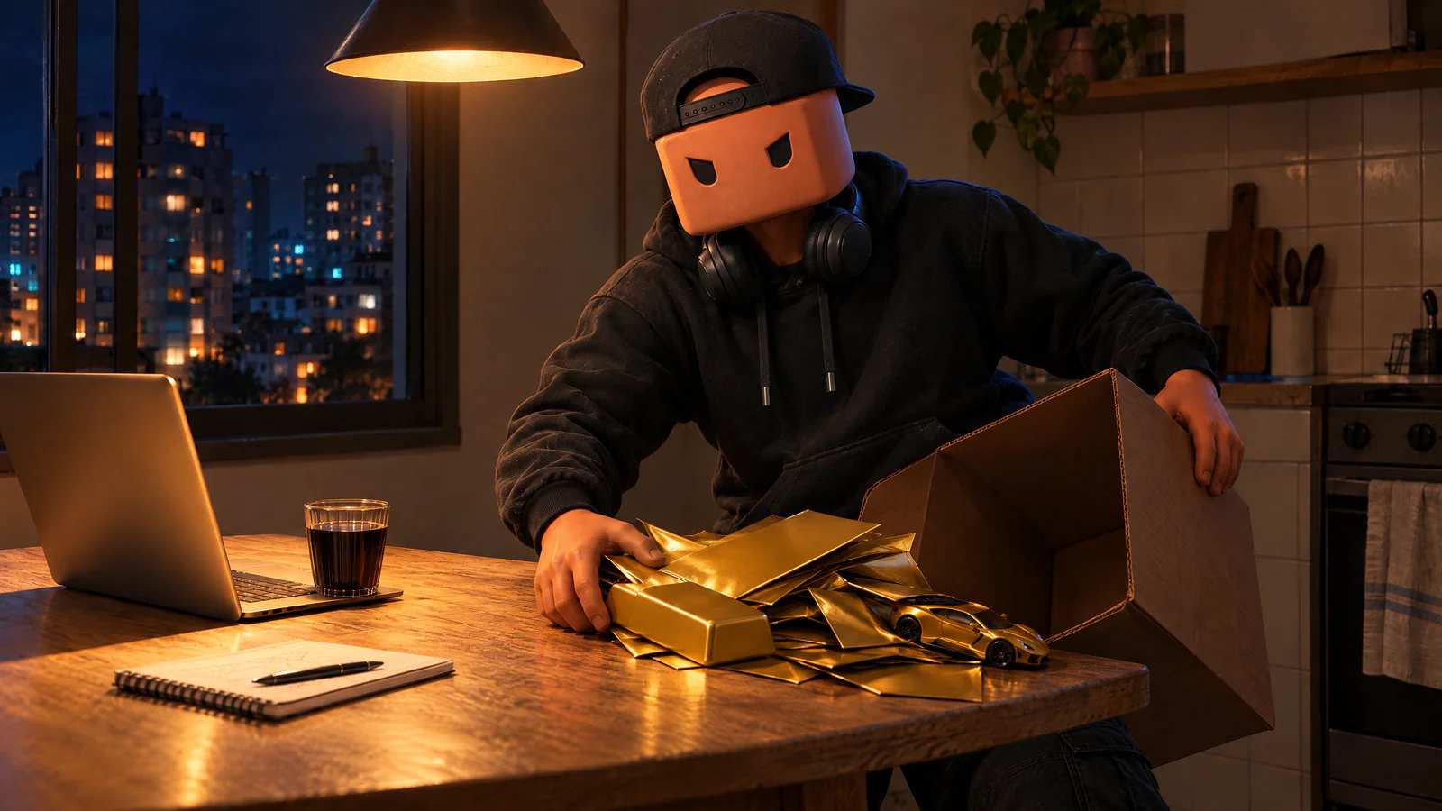 À noite, na cozinha, o Claudinho tira barras douradas de uma caixa de papelão ao lado do notebook.
