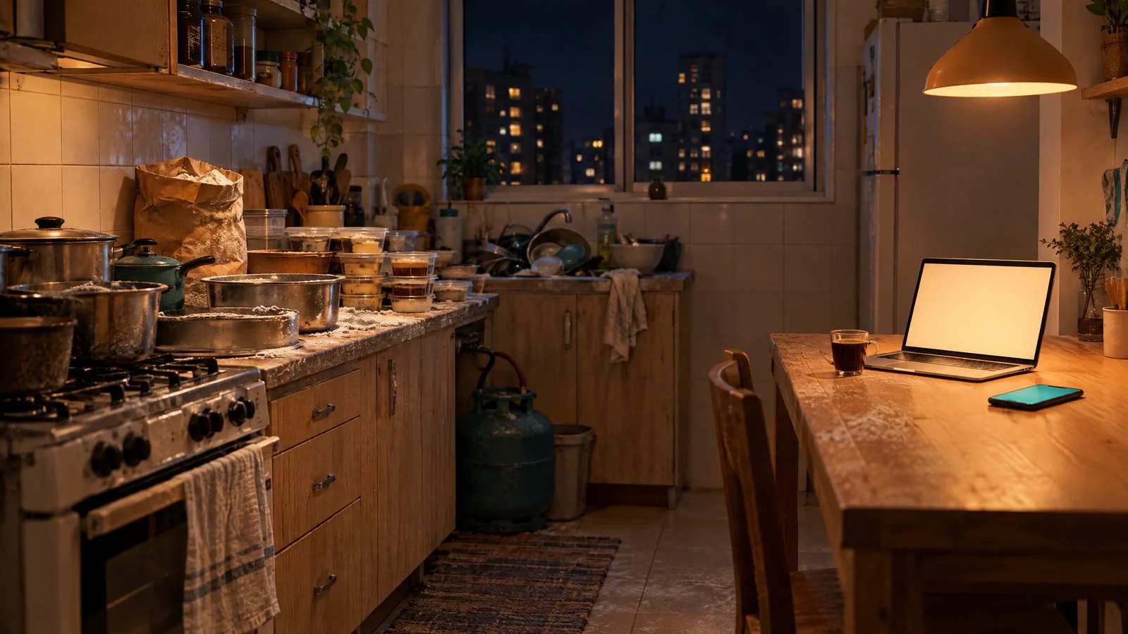 Uma cozinha tomada de panelas, farinha, potes e botijão e, na ponta limpa da mesa, só o notebook, o café e o celular.