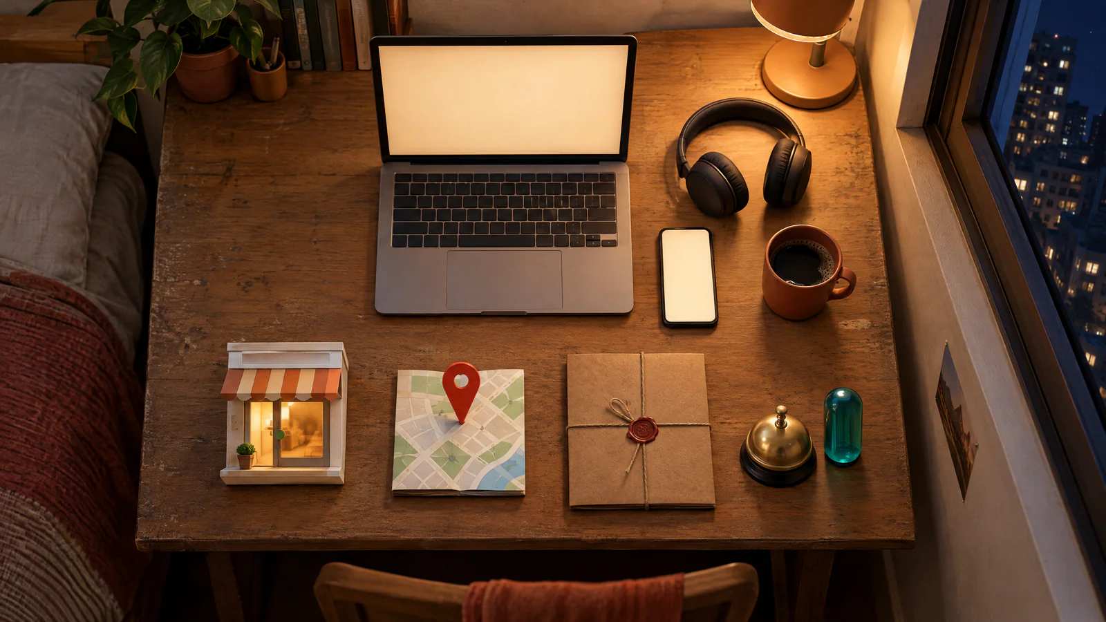 Vista de cima da escrivaninha: o notebook e, em volta, uma lojinha de papel, um alfinete de mapa, uma proposta lacrada e uma campainha.
