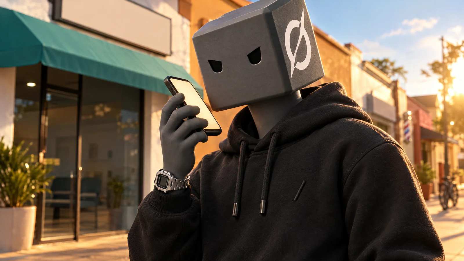 Na porta de uma clínica de bairro, o personagem do Grok segura o celular perto da cabeça e grava um áudio curto.