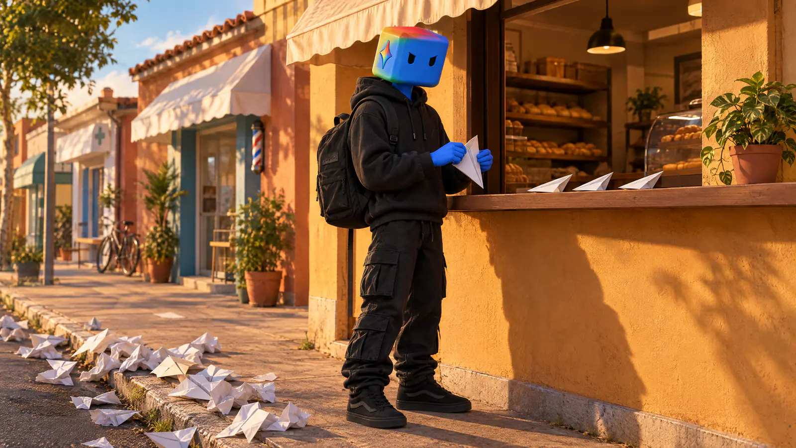 Aviões de papel amassados se amontoam na sarjeta; no balcão da padaria, três pousaram certinho, e o personagem do Gemini dobra o quarto com cuidado.