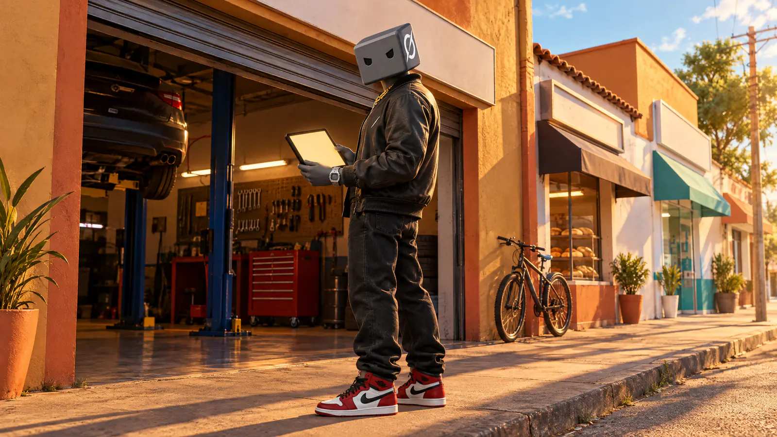 Na porta de uma oficina mecânica, o personagem do Grok, de jaqueta de couro, mostra lá pra dentro um tablet com o site pronto.