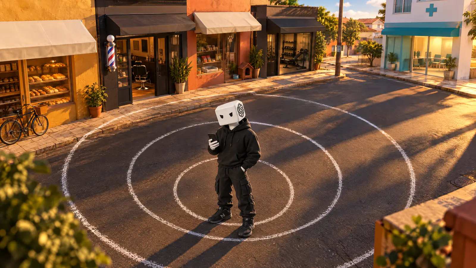 Vista do alto de uma esquina: o personagem do ChatGPT no centro de três círculos de giz, que vão da barbearia ao lado à clínica do outro lado.