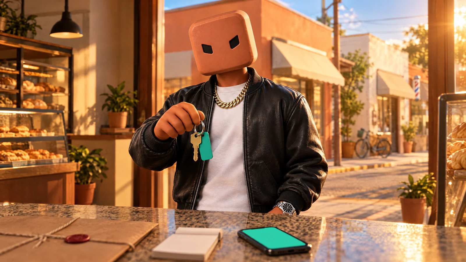 Do lado do cliente, o personagem de cabeça em cubo terracota segura a chave de latão sobre o balcão, ao lado da pasta lacrada e do celular aceso.