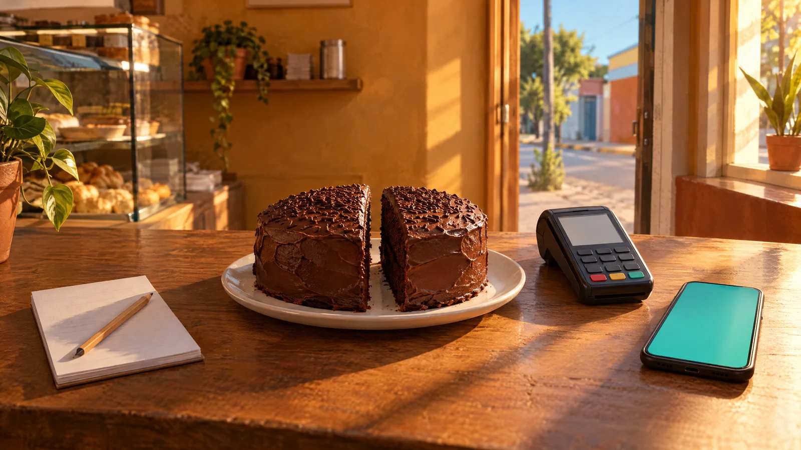 No balcão da padaria, um bolo cortado bem ao meio, ao lado do talão de recibo, da maquininha e do celular aceso em verde-água.