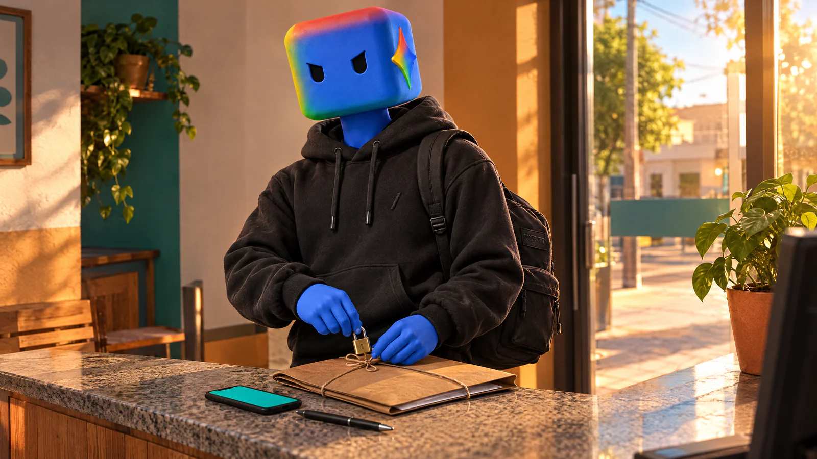 No balcão de uma clínica, o personagem do Gemini fecha um cadeado pequeno na pasta amarrada com uma folha só, ao lado do celular aceso em verde-água.