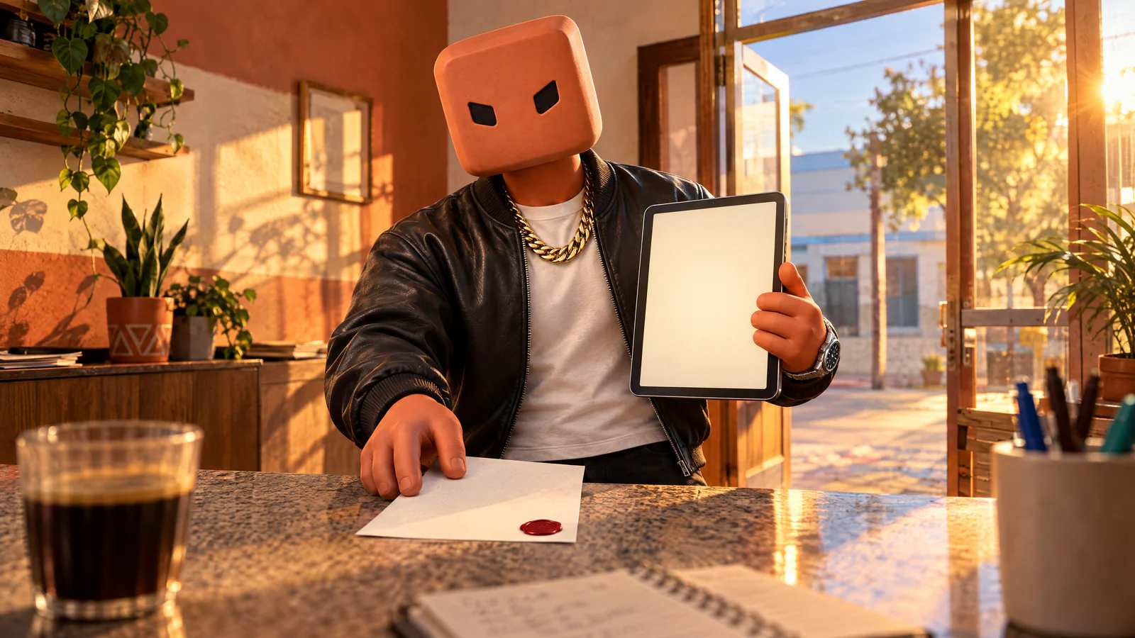 Visto de trás do balcão, do lugar do dono, o Claudinho de jaqueta de couro apresenta uma proposta de uma página com lacre vermelho e um tablet aceso.