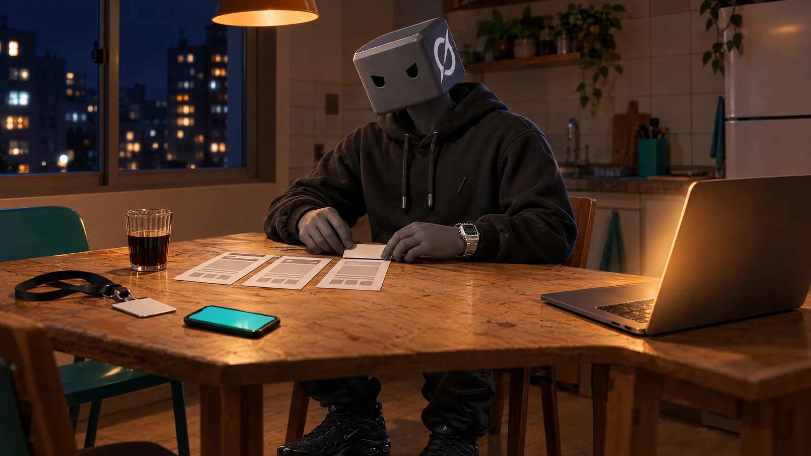De noite, na mesa da cozinha, o personagem do Grok termina a terceira de três prévias de site em papel, com o crachá largado ao lado.
