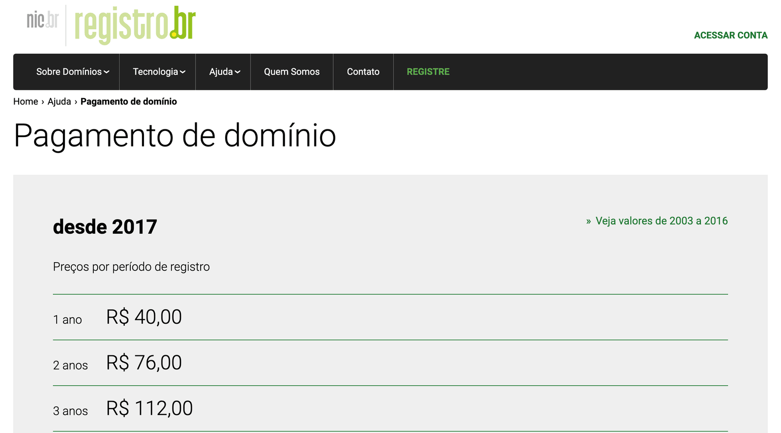 A página Pagamento de domínio do Registro.br, com os preços por período de registro desde 2017: R$ 40,00 por 1 ano, R$ 76,00 por 2 anos e R$ 112,00 por 3 anos