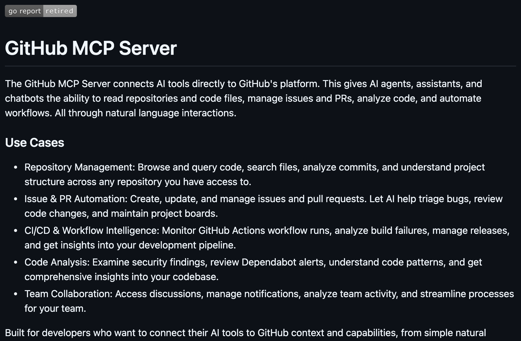 O README do github-mcp-server no GitHub: o título GitHub MCP Server, a frase dizendo que ele liga ferramentas de IA direto à plataforma do GitHub e a lista de usos, com repositórios, issues e pull requests, GitHub Actions, análise de código e colaboração da equipe
