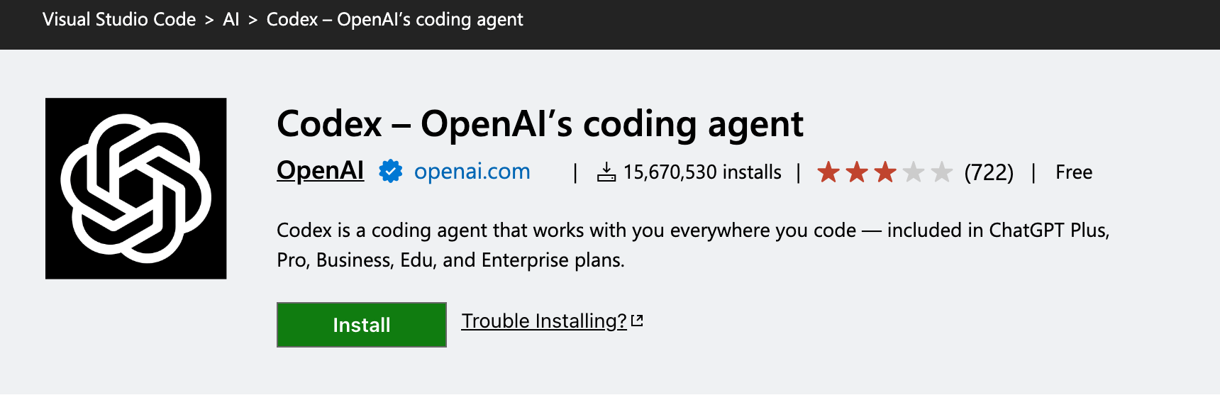 Página da extensão Codex no Marketplace do Visual Studio Code, publicada pela OpenAI com o domínio openai.com verificado, com o botão Install