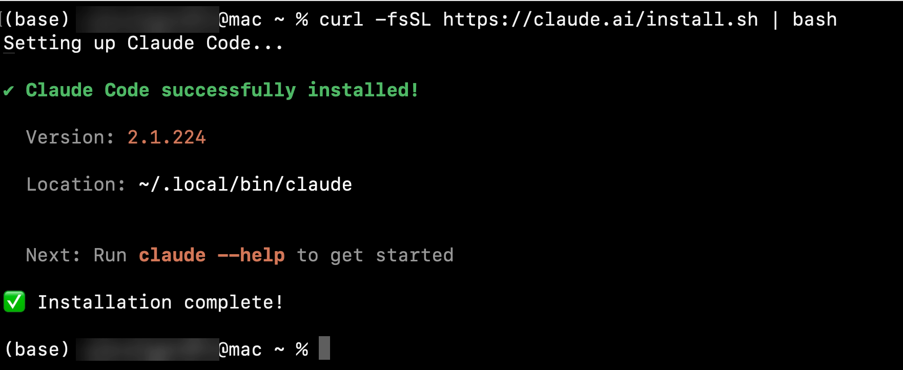Terminal do Mac com o comando curl -fsSL https://claude.ai/install.sh | bash, a mensagem verde “Claude Code successfully installed!”, a versão 2.1.224, a pasta ~/.local/bin/claude e “Installation complete!”
