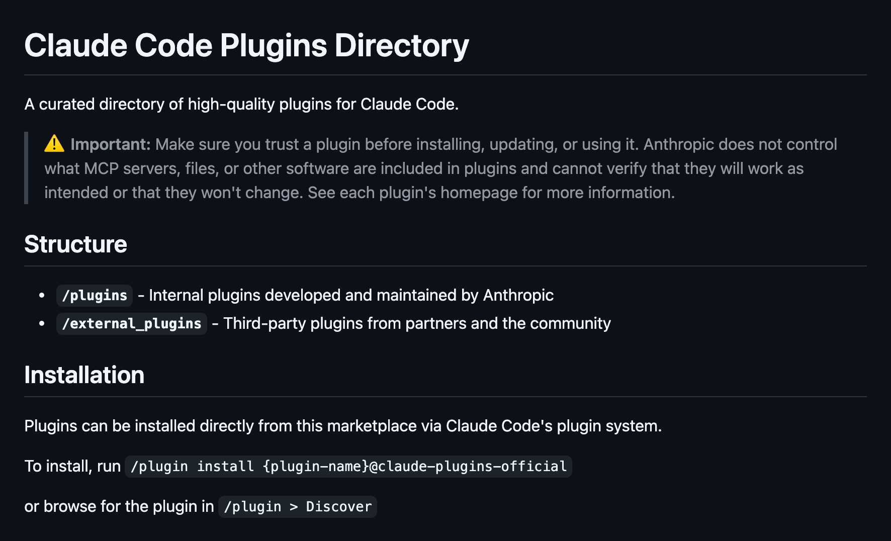 O README do repositório anthropics/claude-plugins-official no GitHub: o título Claude Code Plugins Directory, o aviso Important pedindo pra confiar no plugin antes de instalar, a estrutura com /plugins (feitos pela Anthropic) e /external_plugins (de parceiros e da comunidade) e o comando /plugin install {plugin-name}@claude-plugins-official
