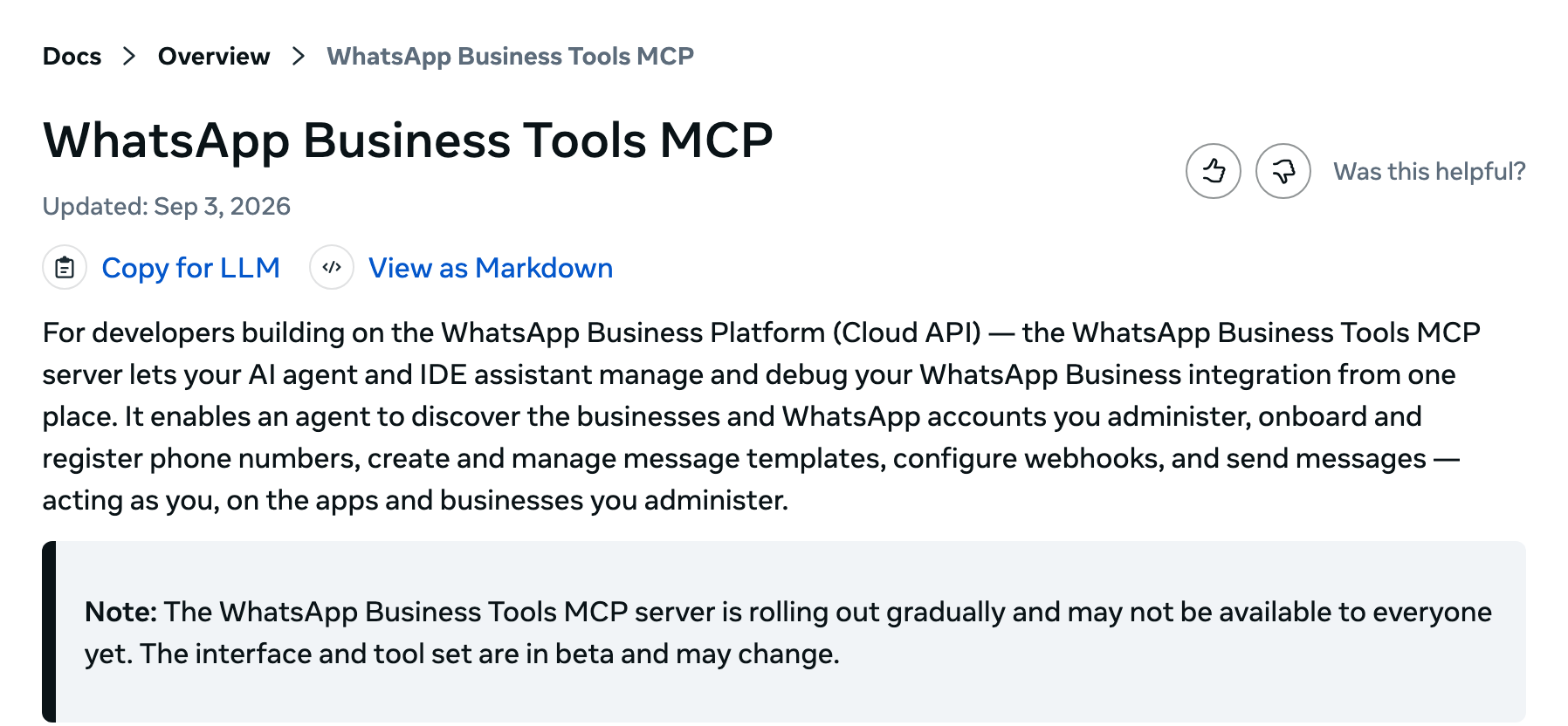 A documentação da Meta para desenvolvedores na página WhatsApp Business Tools MCP, atualizada em 3 de setembro de 2026: o texto dizendo que o servidor é pra quem desenvolve na Cloud API do WhatsApp e a nota de que ele está em beta e sendo liberado aos poucos