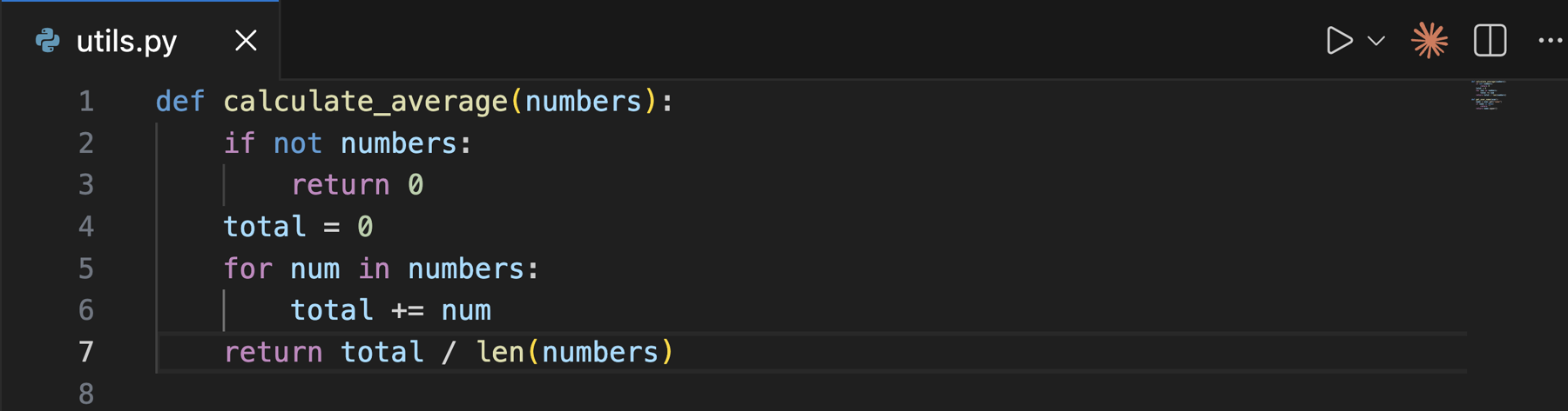 Editor do VS Code com um arquivo aberto e o ícone de faísca laranja do Claude Code na barra de ferramentas, no canto de cima à direita