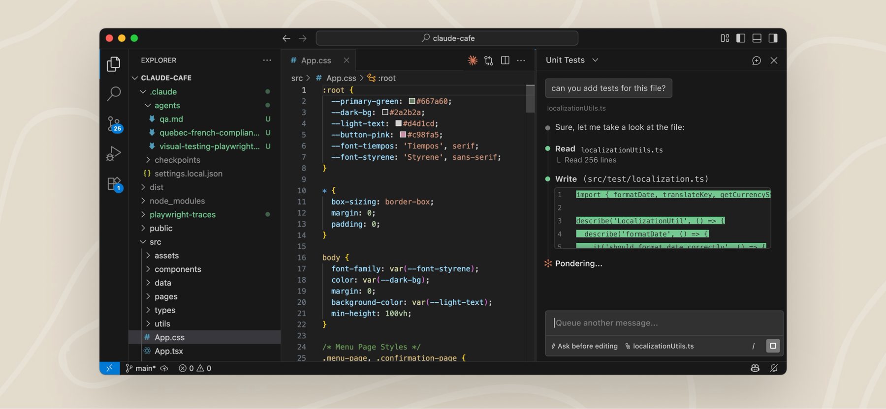 VS Code com a lista de arquivos do projeto na esquerda, um arquivo de código no meio e o painel do Claude Code na direita, com o Claude lendo e escrevendo arquivos