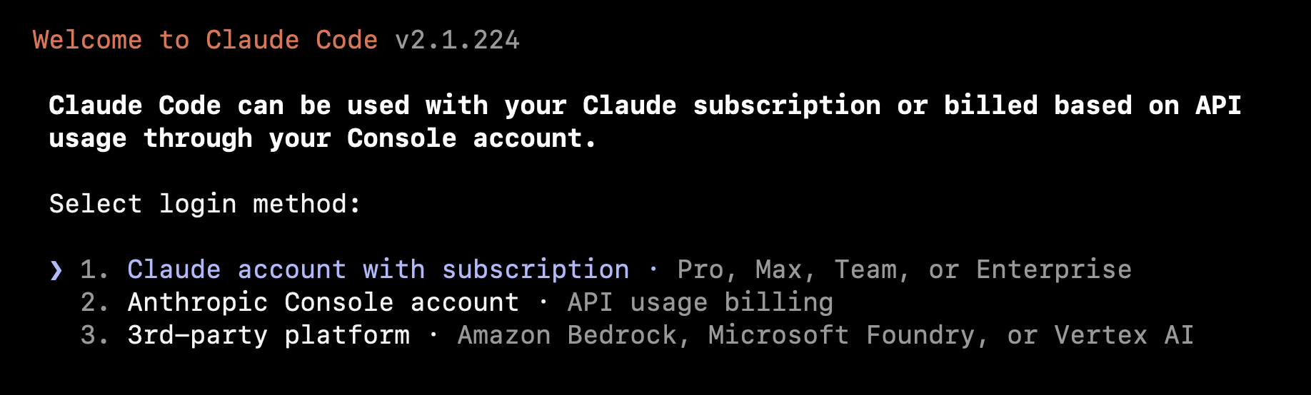 Tela “Select login method” do Claude Code no terminal, com o aviso de que ele roda na assinatura do Claude ou cobra pelo uso da API numa conta do Console, e as opções 1. Claude account with subscription (Pro, Max, Team ou Enterprise), 2. Anthropic Console account (API usage billing) e 3. 3rd-party platform