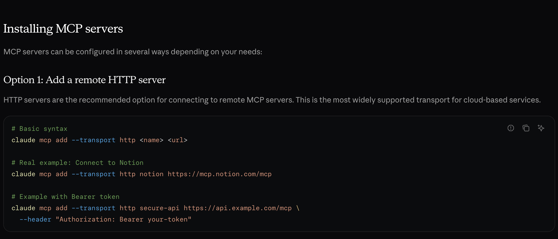 A documentação do Claude Code, em inglês, na seção Installing MCP servers, com o comando claude mcp add --transport http <name> <url>, o exemplo real com o Notion (https://mcp.notion.com/mcp) e o exemplo com token Bearer