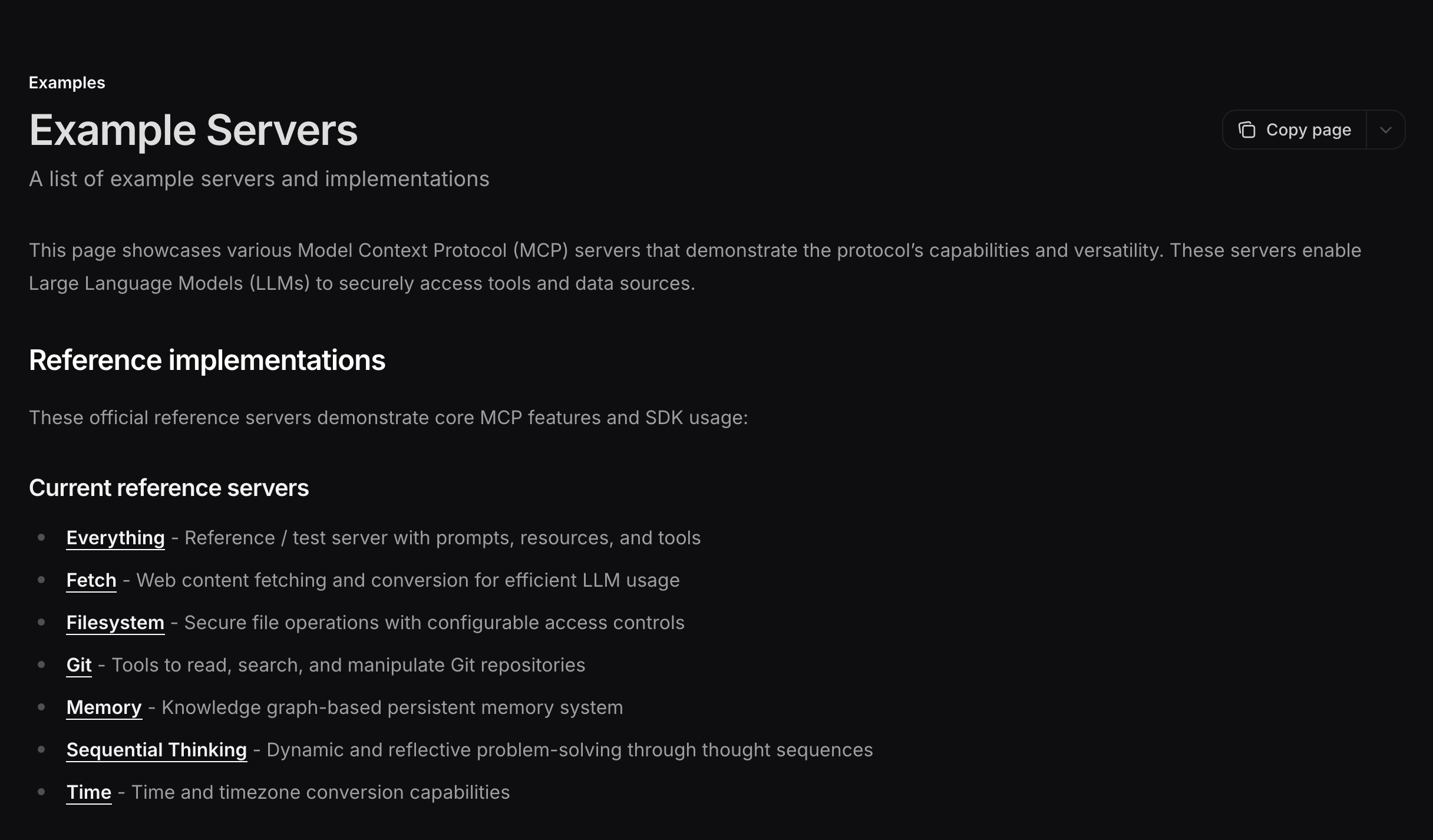 A página Example Servers do site oficial do Model Context Protocol, com a lista dos servidores de referência atuais: Everything, Fetch, Filesystem, Git, Memory, Sequential Thinking e Time, cada um com uma linha do que faz