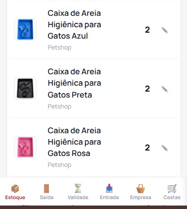 Print no grupo IA BUSINESS 2, 14/08, 11h31: “Caixa de Areia Higiênica para Gatos Azul, Preta e Rosa · Petshop · Estoque · Saída · Validade · Entrada · Empresa · Cestas · ficou bem simples pq eles são bem leigos. e não quiseram muito complexo.”