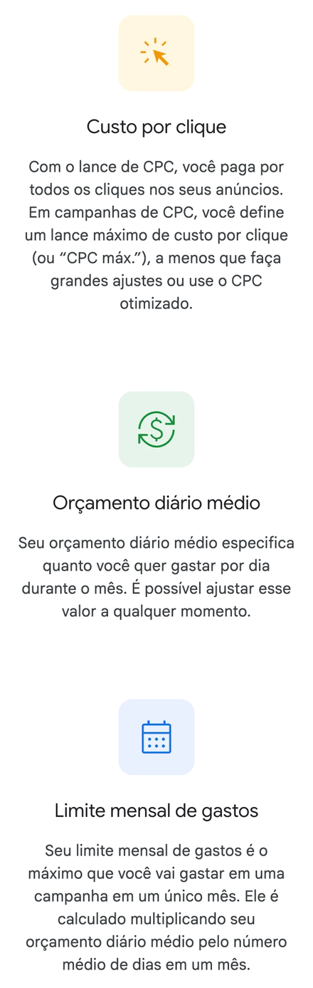 Os três cartões da página oficial de orçamento do Google Ads, vistos no celular: custo por clique (você paga pelos cliques e define um lance máximo), orçamento diário médio (quanto quer gastar por dia, ajustável a qualquer momento) e limite mensal de gastos (o máximo que uma campanha gasta no mês).