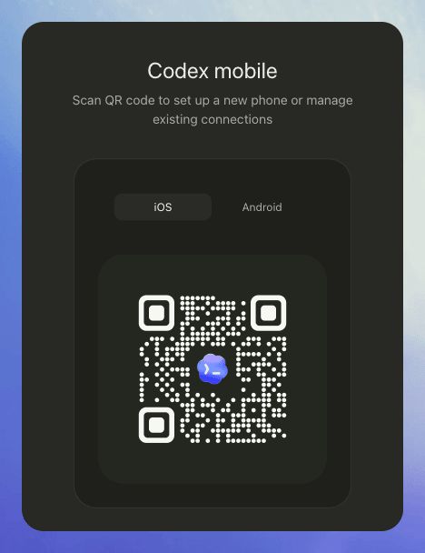 Ilustração da documentação da OpenAI com o cartão Codex mobile, que pede pra escanear o QR code pra configurar um celular novo ou gerenciar as conexões, com as abas iOS e Android em cima do código