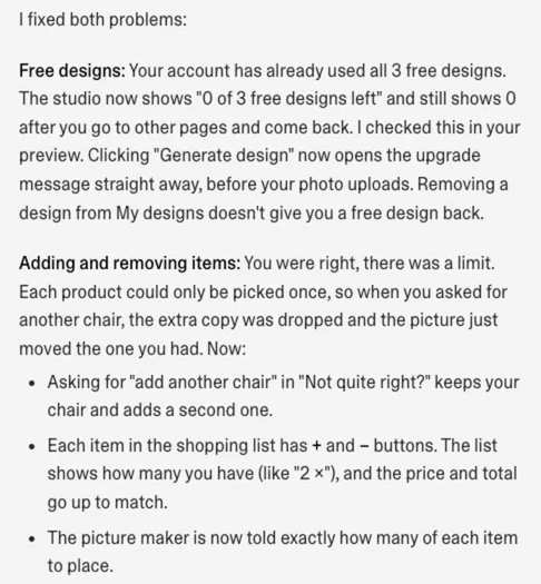 A resposta do Lovable a um pedido com dois ajustes de uma vez: o contador de designs grátis corrigido e a lista de compras com os botões de mais e menos, cada mudança explicada em tópicos.
