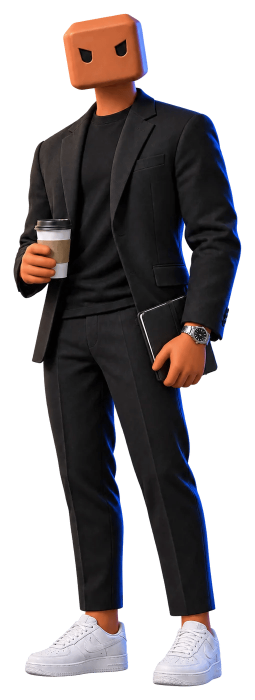 O Claudinho de blazer, com um copo de café e uma agenda.