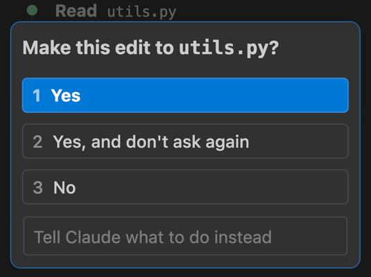 Painel do Claude Code no VS Code pedindo permissão para fazer a edição, com as opções 1 Yes, 2 Yes, and don't ask again e 3 No