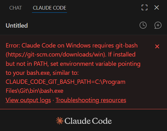 Painel do Claude Code no VS Code, no Windows, com o erro em vermelho “Claude Code on Windows requires git-bash”