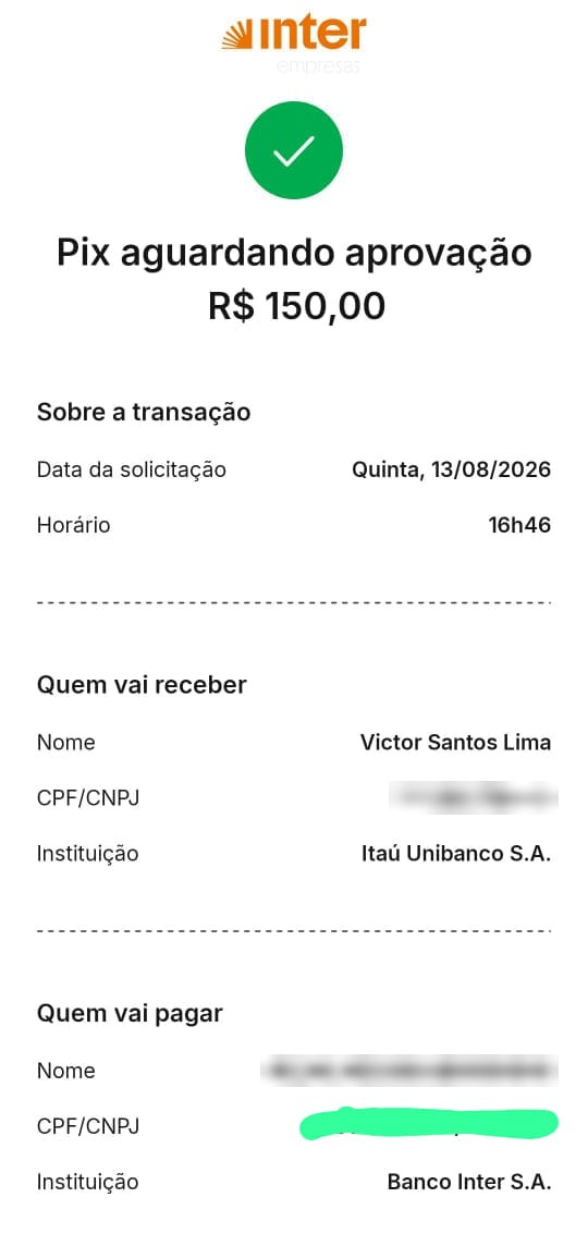 Print no grupo IA BUSINESS 2, 13/08, 17h09: “Pix aguardando aprovação R$ 150,00 · Minha primeira venda so com o conteudo do YT e do Discord pq tava sem grana pro MazyOS e p grupo, mas agr to aqui com voces, tmj 🙌”