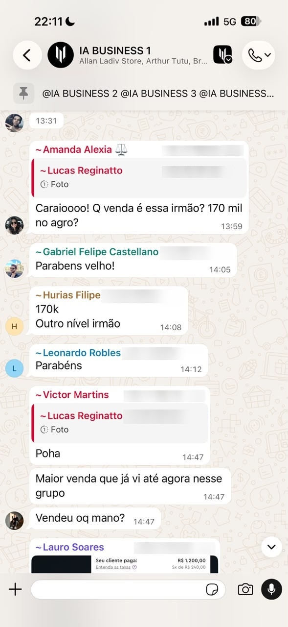 Print de ~Amanda Alexia, no grupo IA BUSINESS 1, 14/09, 13h59: “Caraioooo! Q venda é essa irmão? 170 mil no agro?”