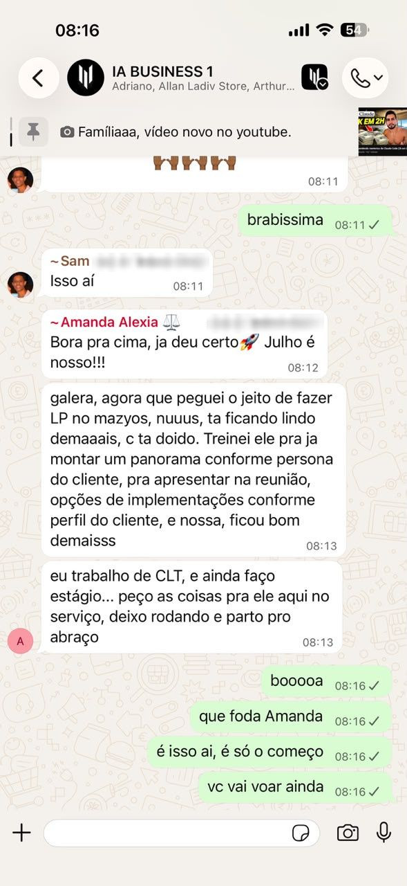 Print de ~Amanda Alexia, no grupo IA BUSINESS 1, 13/07, 8h13: “eu trabalho de CLT, e ainda faço estágio... peço as coisas pra ele aqui no serviço, deixo rodando e parto pro abraço”