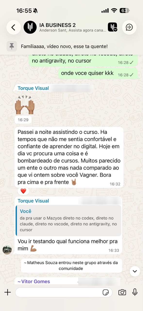 Print de O Vagner, no grupo IA BUSINESS 2, 21/07, 16h28 (a mensagem inteira na citação do Torque Visual, 16h33): “da pra usar o Mazyos direto no codex, direto no claude, direto no vscode, direto no antigravity, no cursor”