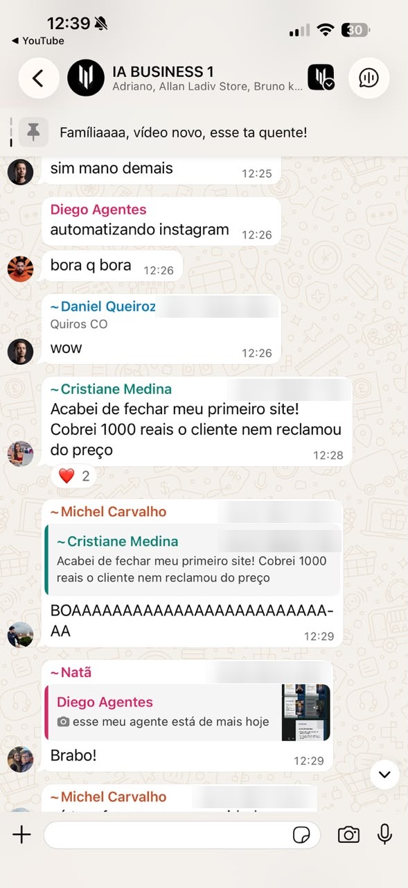 Print de ~Cristiane Medina, no grupo IA BUSINESS 1, 15/07, 12h28: “Acabei de fechar meu primeiro site! Cobrei 1000 reais o cliente nem reclamou do preço”