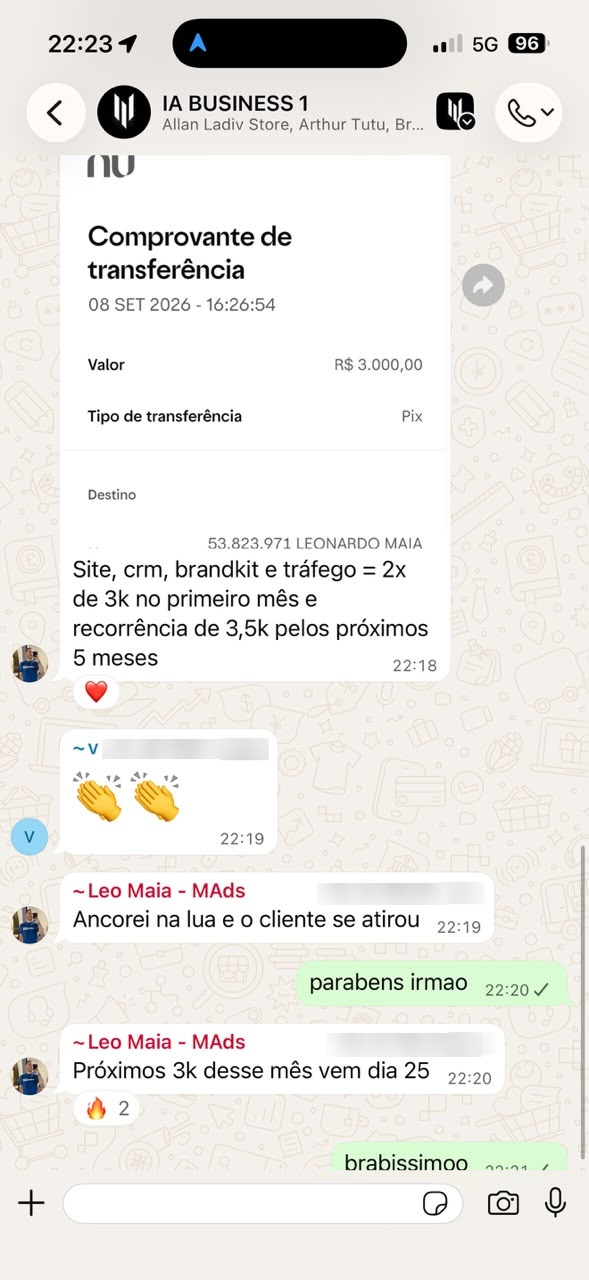 Print de ~Leo Maia - MAds, no grupo IA BUSINESS 1, 22h18: “Comprovante de R$ 3.000,00 · Site, crm, brandkit e tráfego = 2x de 3k no primeiro mês e recorrência de 3,5k pelos próximos 5 meses”