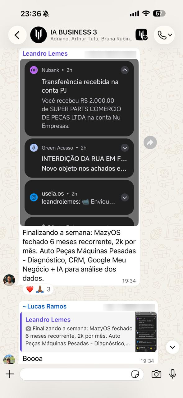 Print de Leandro Lemes, no grupo IA BUSINESS 3, 19h34: “Você recebeu R$ 2.000,00 · Finalizando a semana: MazyOS fechado 6 meses recorrente, 2k por mês”