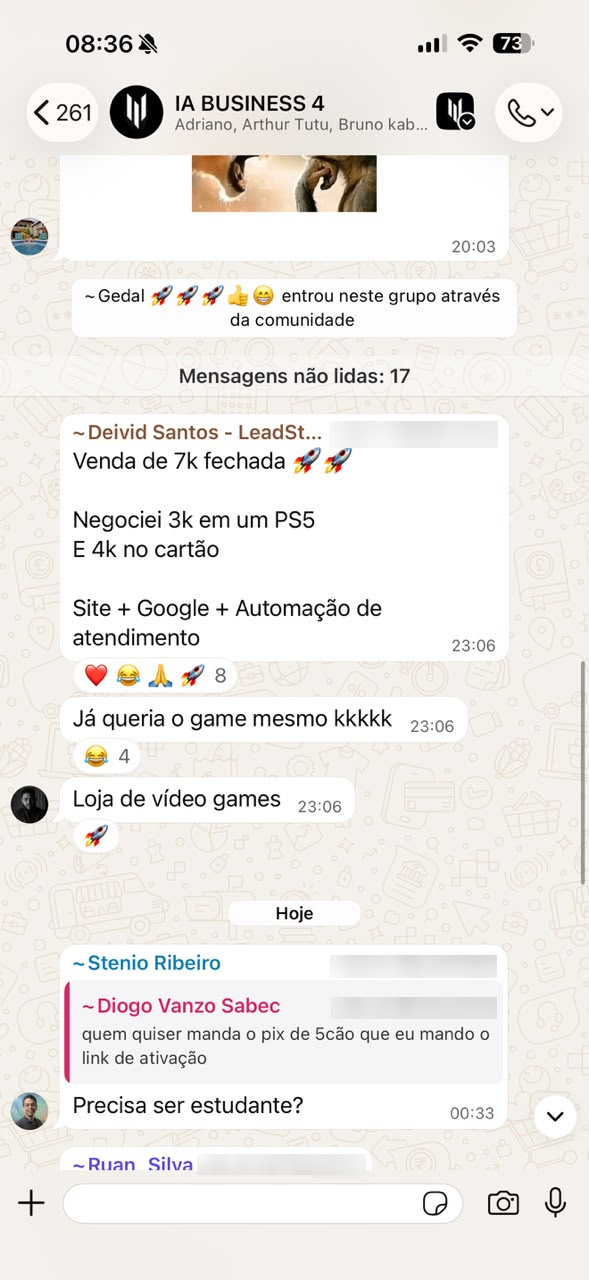 Print de ~Deivid Santos - LeadSt…, no grupo IA BUSINESS 4, 23h06: “Venda de 7k fechada / Negociei 3k em um PS5 / E 4k no cartão”