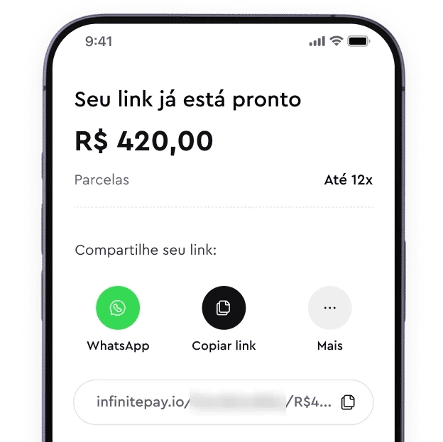 A tela da InfinitePay com o link de pagamento de R$ 420,00 pronto, em até 12x, com os botões WhatsApp e Copiar link