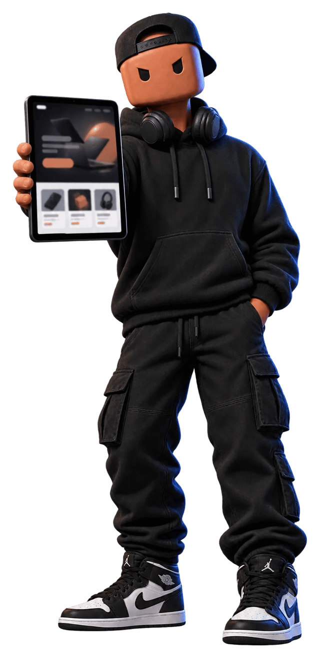 O Claudinho de moletom e boné, estendendo um tablet com um site aberto.