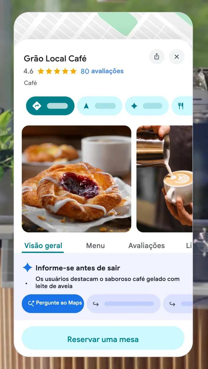 O perfil de exemplo de um café na página oficial do Perfil da Empresa no Google: o nome Grão Local Café, a nota 4,6 com 80 avaliações, a categoria, as fotos, as abas Visão geral, Menu e Avaliações e o botão Reservar uma mesa