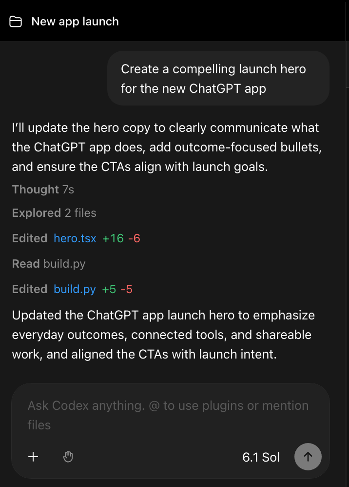 Ilustração do Codex no app do ChatGPT: o pedido “Create a compelling launch hero for the new ChatGPT app” e o Codex contando que explorou dois arquivos e editou o hero.tsx e o build.py, com a caixa “Ask Codex anything” e o modelo 6.1 Sol embaixo.