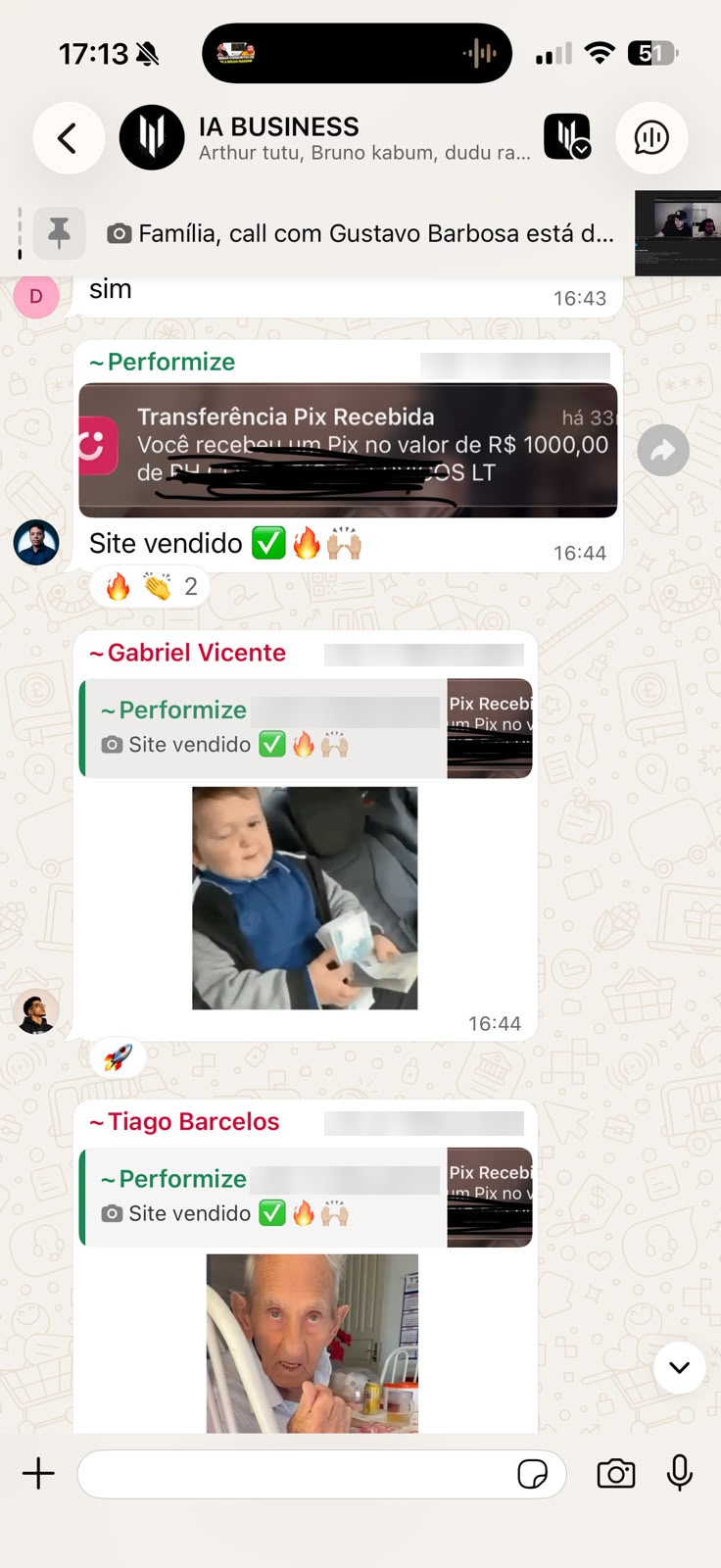 Print de ~Performize, no grupo IA BUSINESS, 16h44: “Pix recebido no valor de R$ 1000,00 · Site vendido”